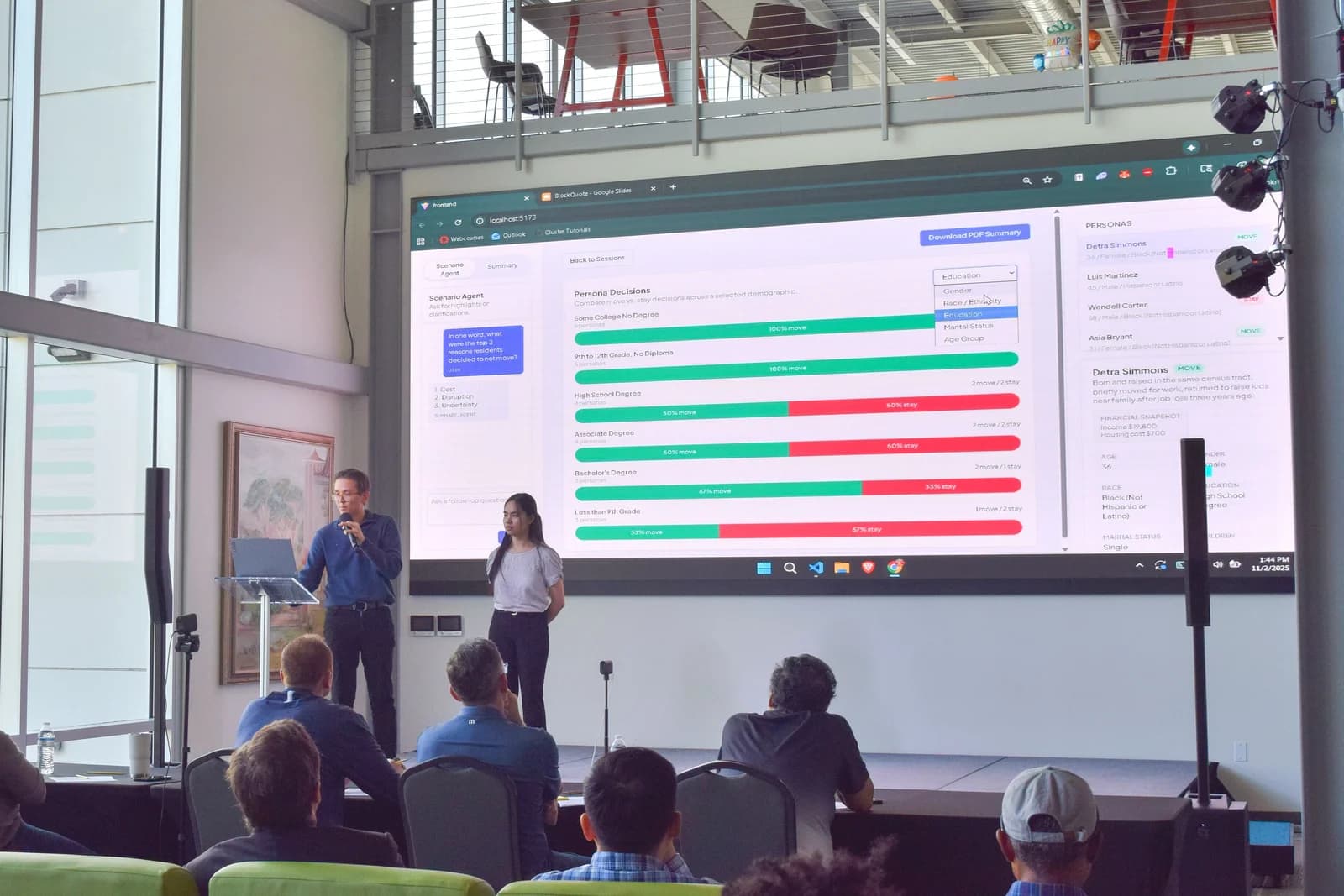 Presenting BlockQuote’s persona results on a big screen to a seated audience at AI 4 Good
